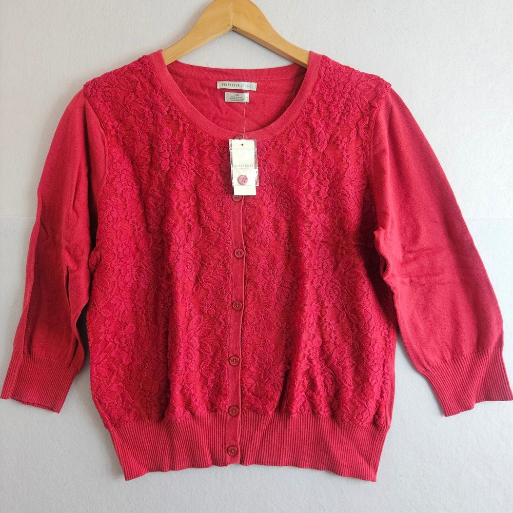 Van Heusen Studio Red Lace Front Cardigan Sweater 3/4 Sleeve Button Up Large NEW